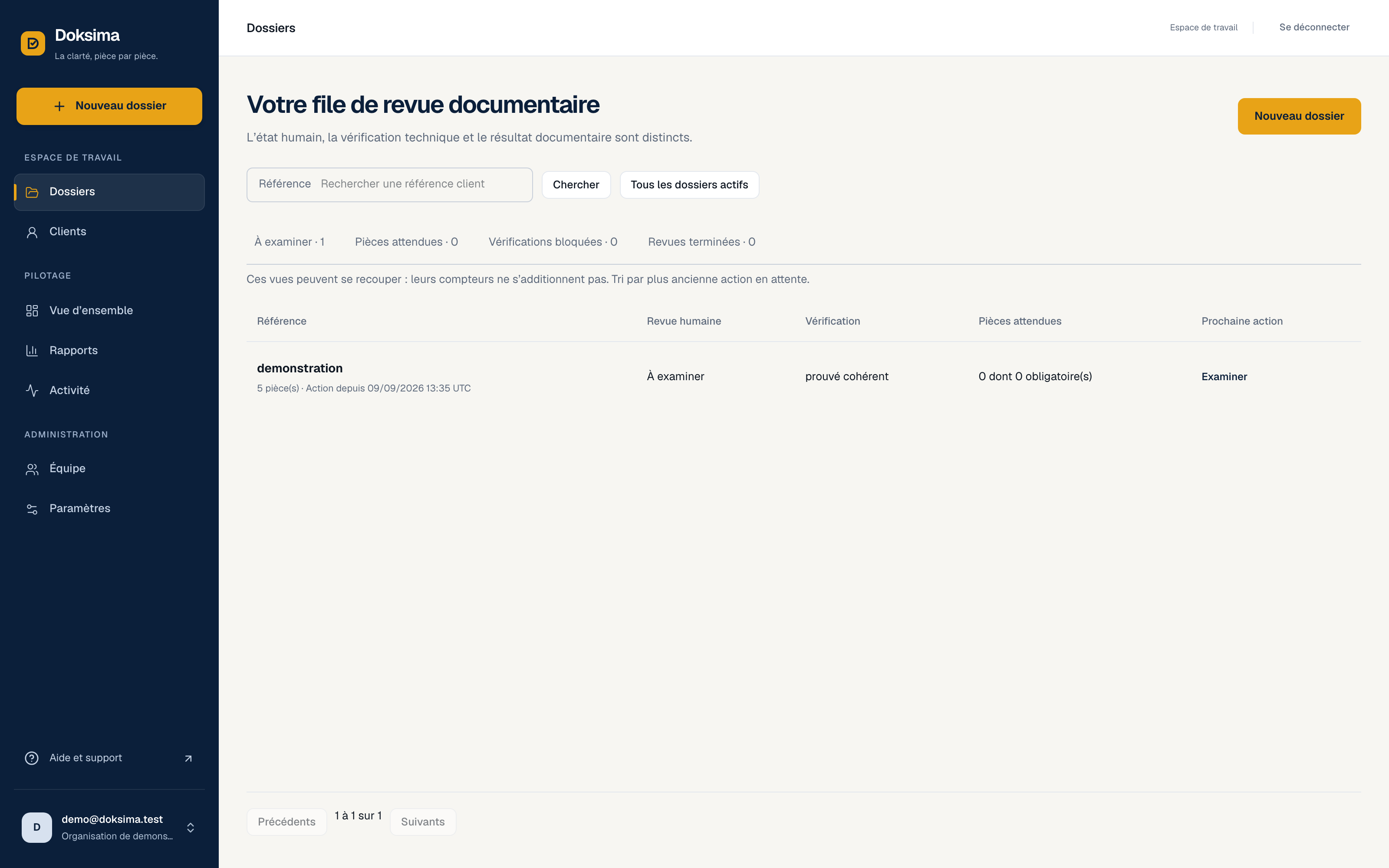 Doksima review queue screenshot: a demo application with separate human review status and technical results. French interface.